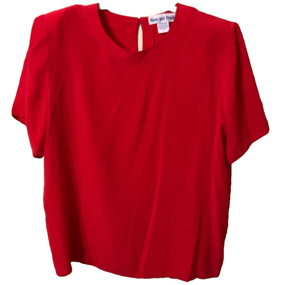 VTG Anna and Frank Red 100% Silk Blouse Large Short Sleeve Back Keyhole 90s
